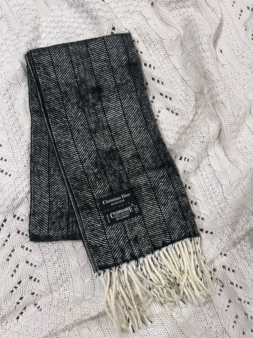 Dior Black and Cream Striped Cashmere Scarf